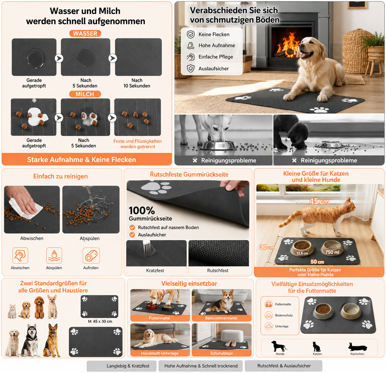 🐾 Futtermatte für Hunde & Katzen 🐶🐱
💧 Saugfähig & schnell trocknend
🛡️ Wasserdichte Gummiunterseite
🍽️ Für Futter- & Wassernäpfe