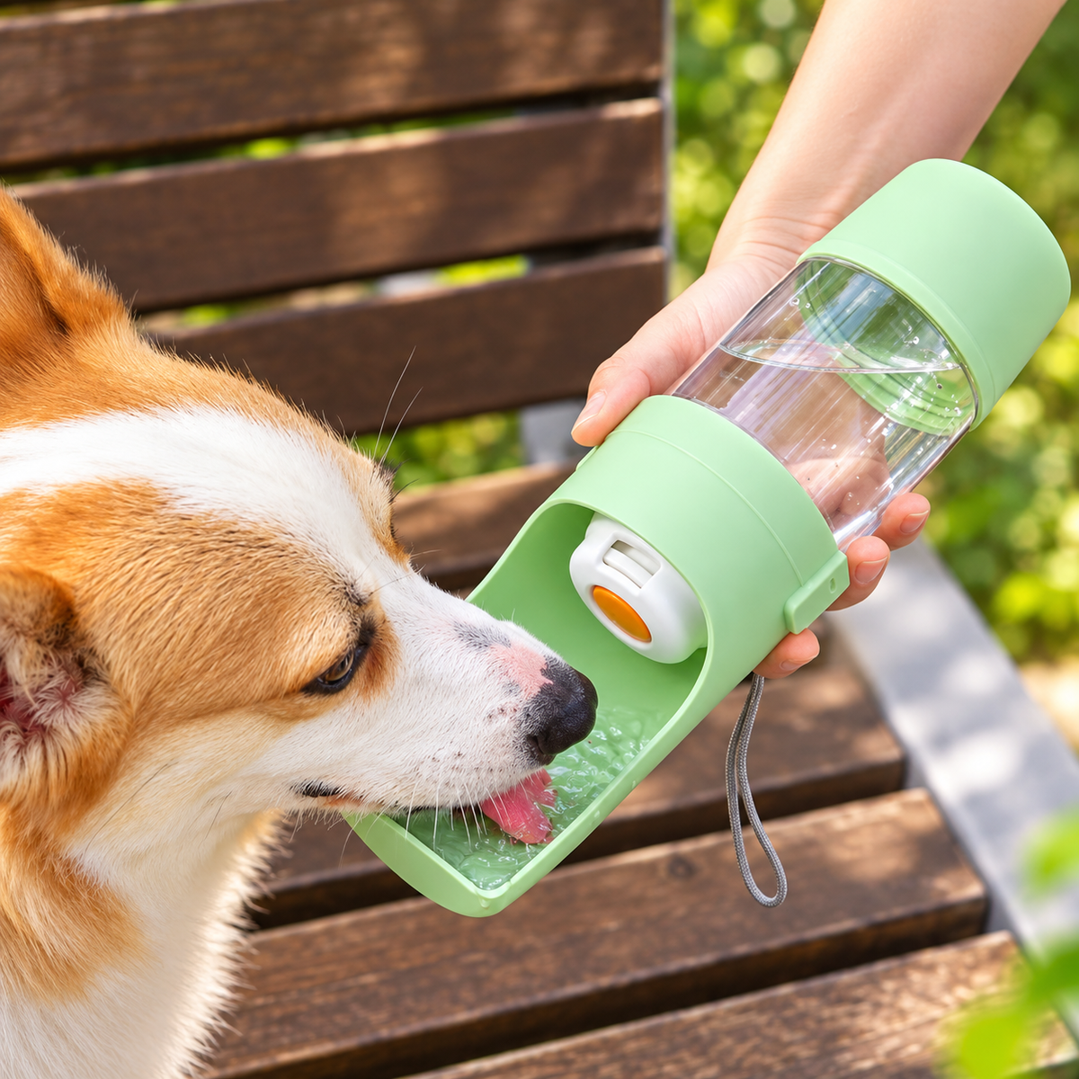 Trinkflasche mit Futterfach für Hunde & Katzen – 450 ml Wasser und 150 ml Futter