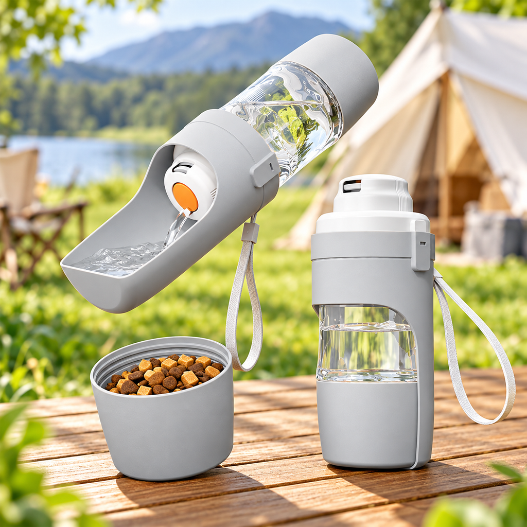 Trinkflasche mit Futterfach für Hunde & Katzen – für Spaziergang und Reisen