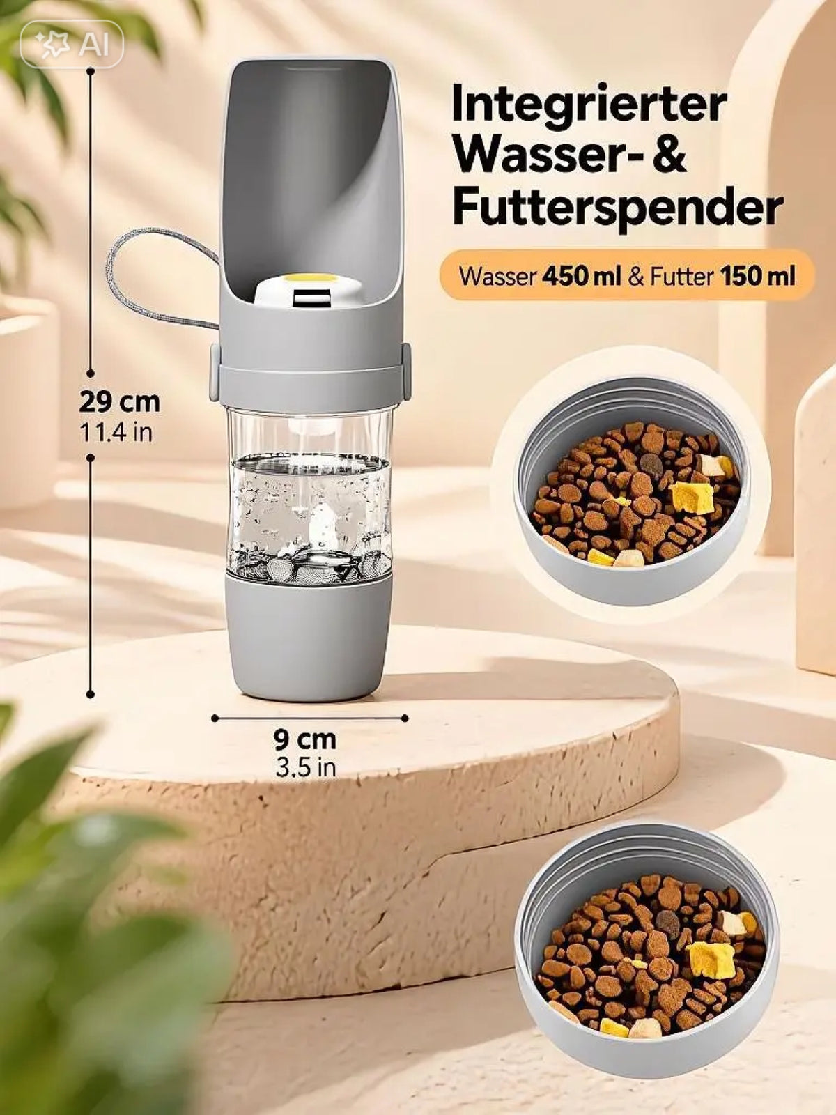Trinkflasche mit Futterfach für Hunde & Katzen