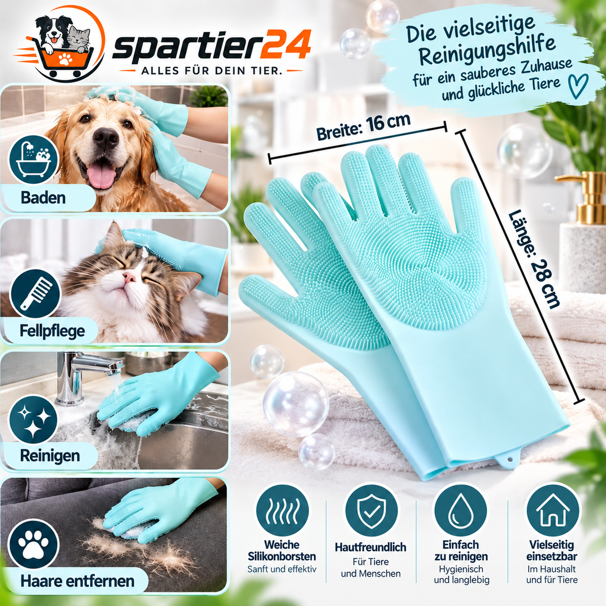 Silikon-Badehandschuh für Hunde & Katzen – waschen und massieren