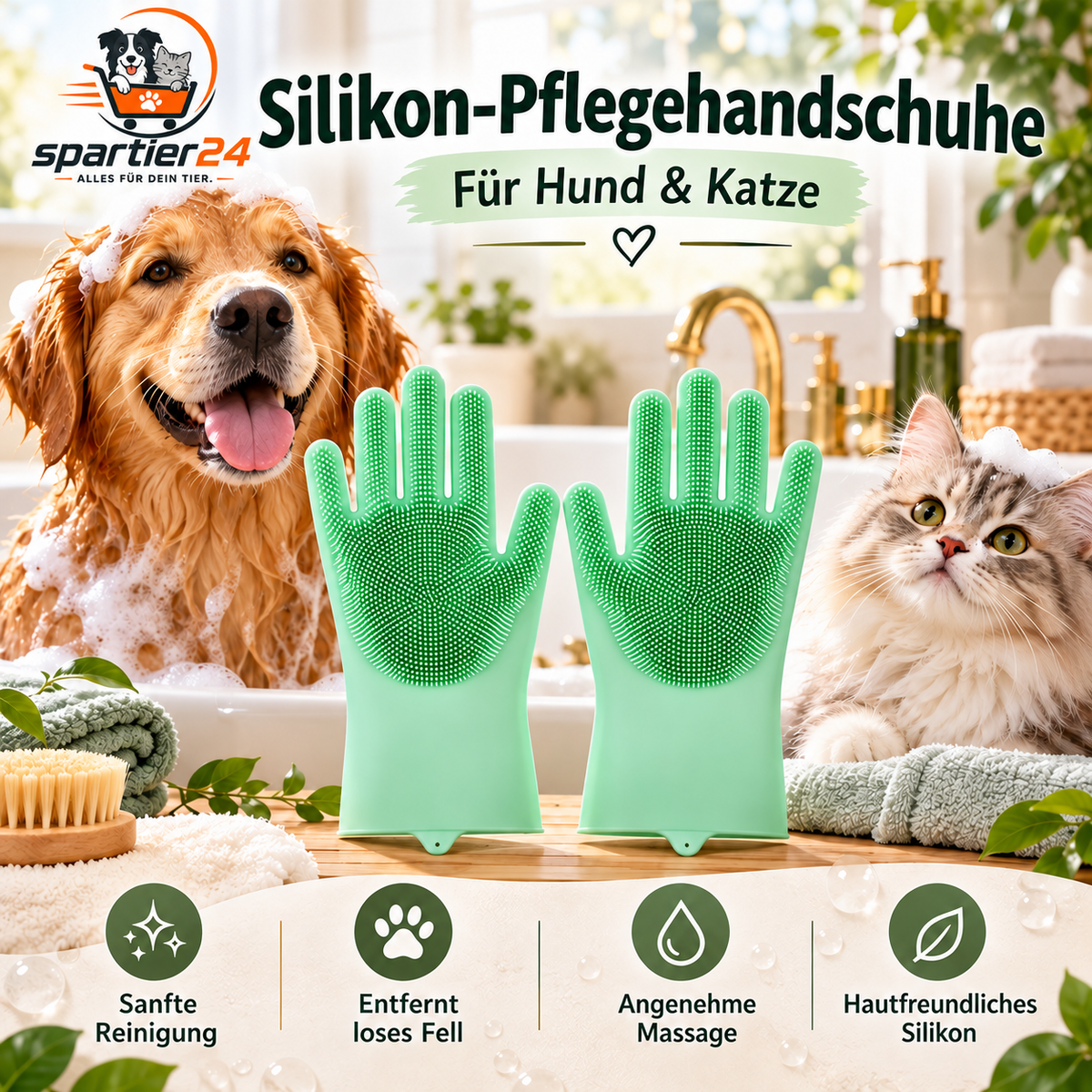 Silikon-Badehandschuh für Hunde & Katzen – entfernt lose Haare beim Baden