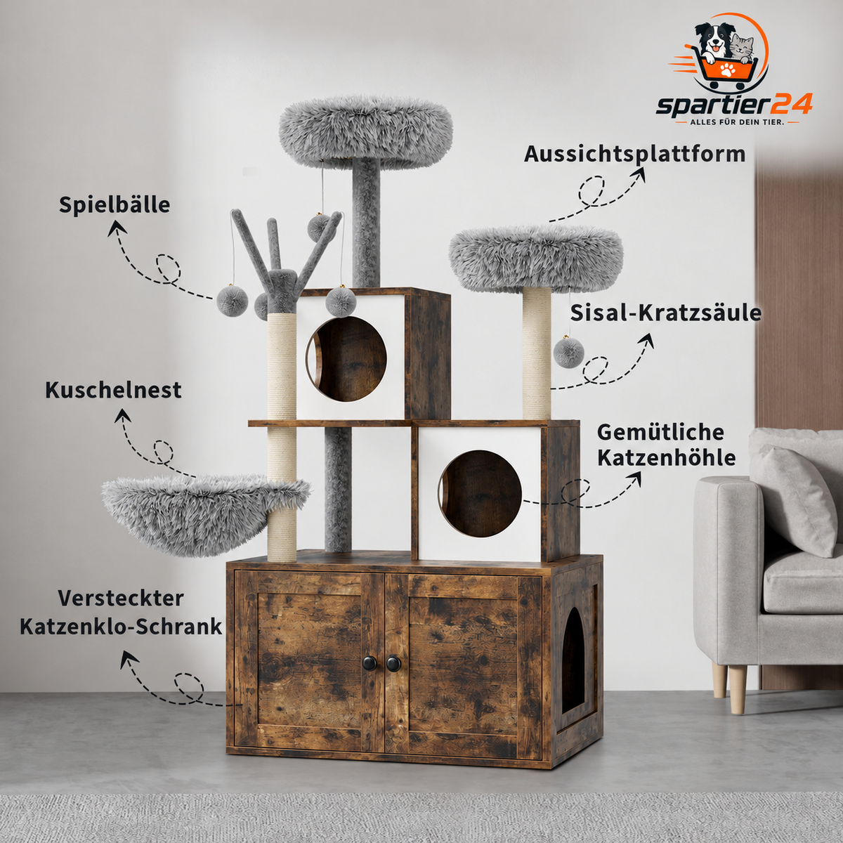 Katzenschrank mit Kratzbaum und versteckter Katzentoilette – Kratzbaum und Liegefläche oben