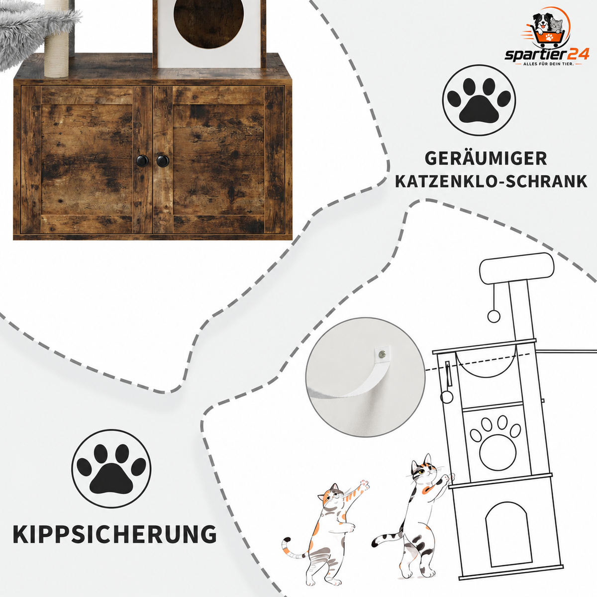 Katzenschrank mit Kratzbaum und versteckter Katzentoilette – Katzenklo-Schrank aus Holz