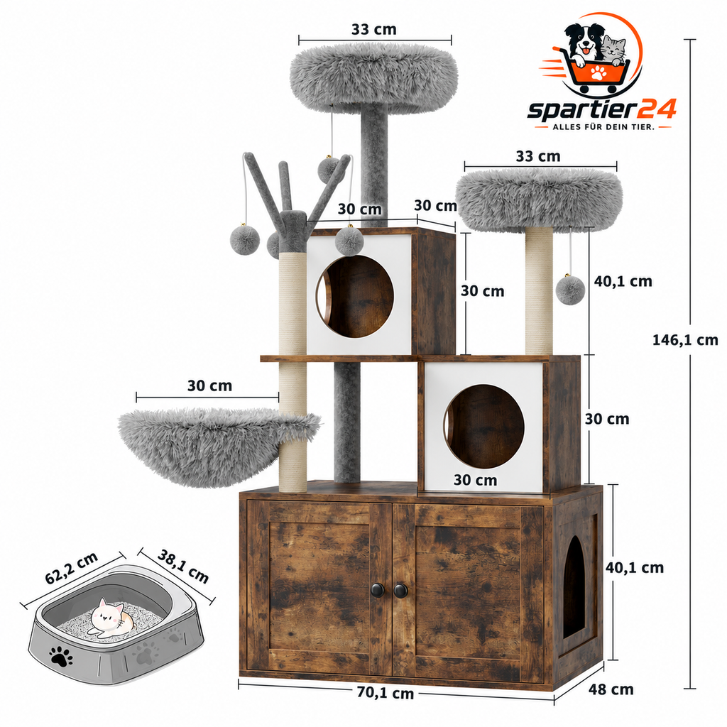 Katzenschrank mit Kratzbaum und versteckter Katzentoilette – Kratzbaum und Liegefläche oben