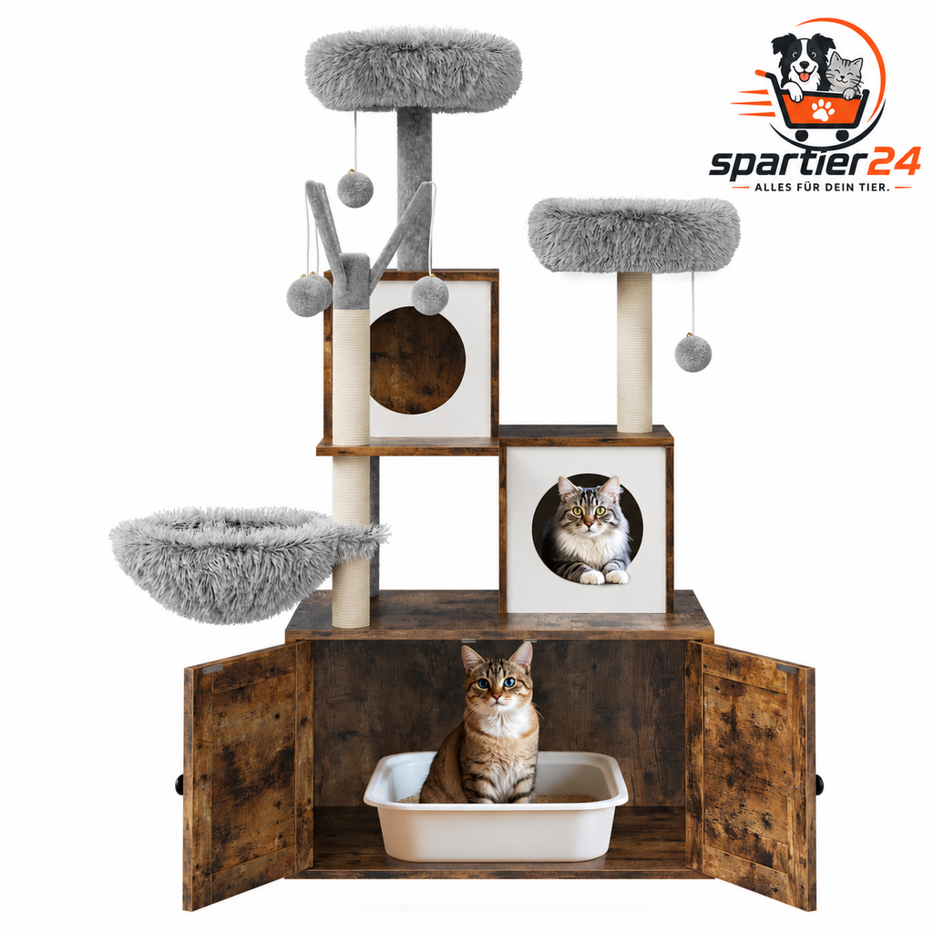 Katzenschrank mit Kratzbaum und versteckter Katzentoilette – Katzenklo-Schrank aus Holz