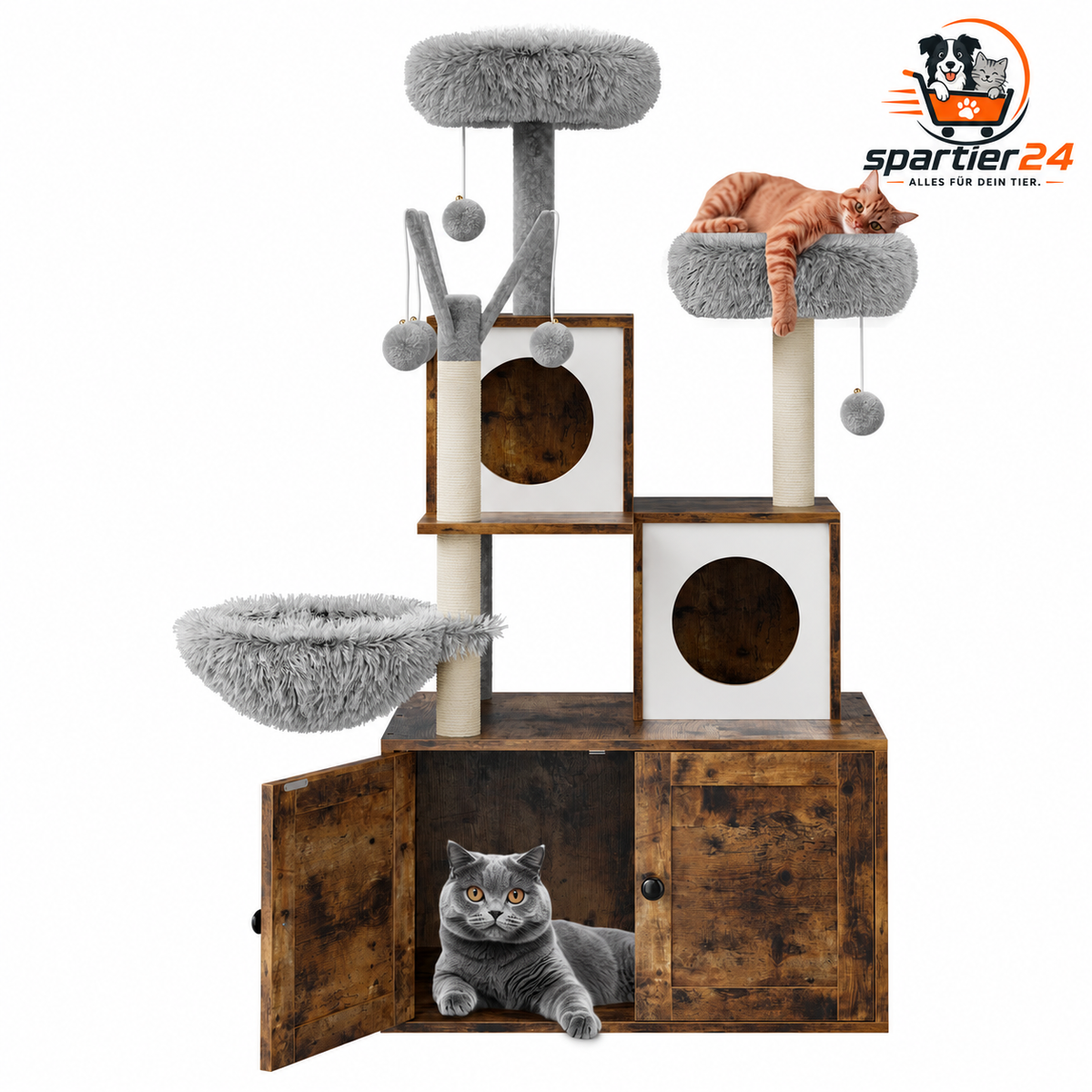Katzenschrank mit Kratzbaum und versteckter Katzentoilette – Katzenklo-Schrank aus Holz