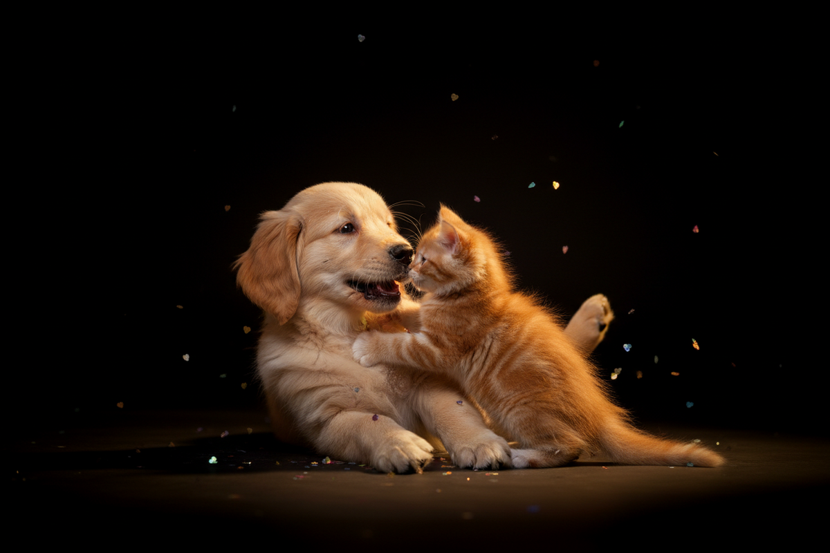 Hund und Katze spielen zusammen